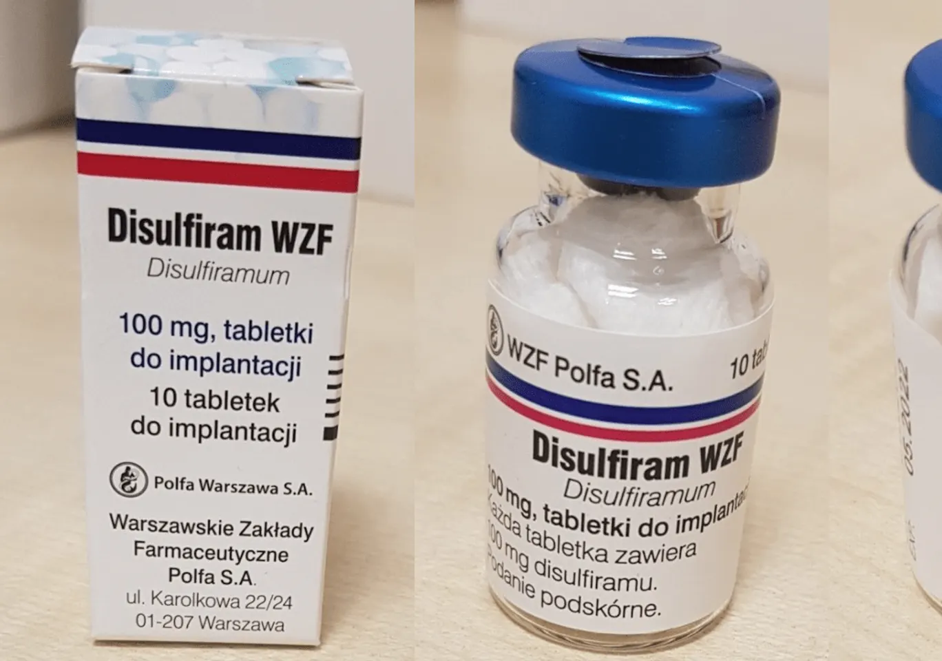Wszywka alkoholowa Esperal Nysa: fiolka disulfiramu obok opakowania leku